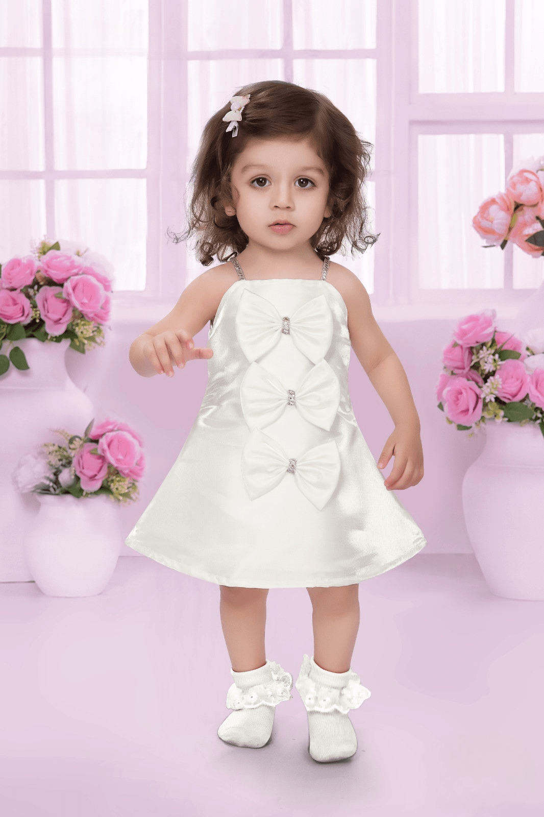 Girls Elegant White Silk Party Dress with Big Satin Bow