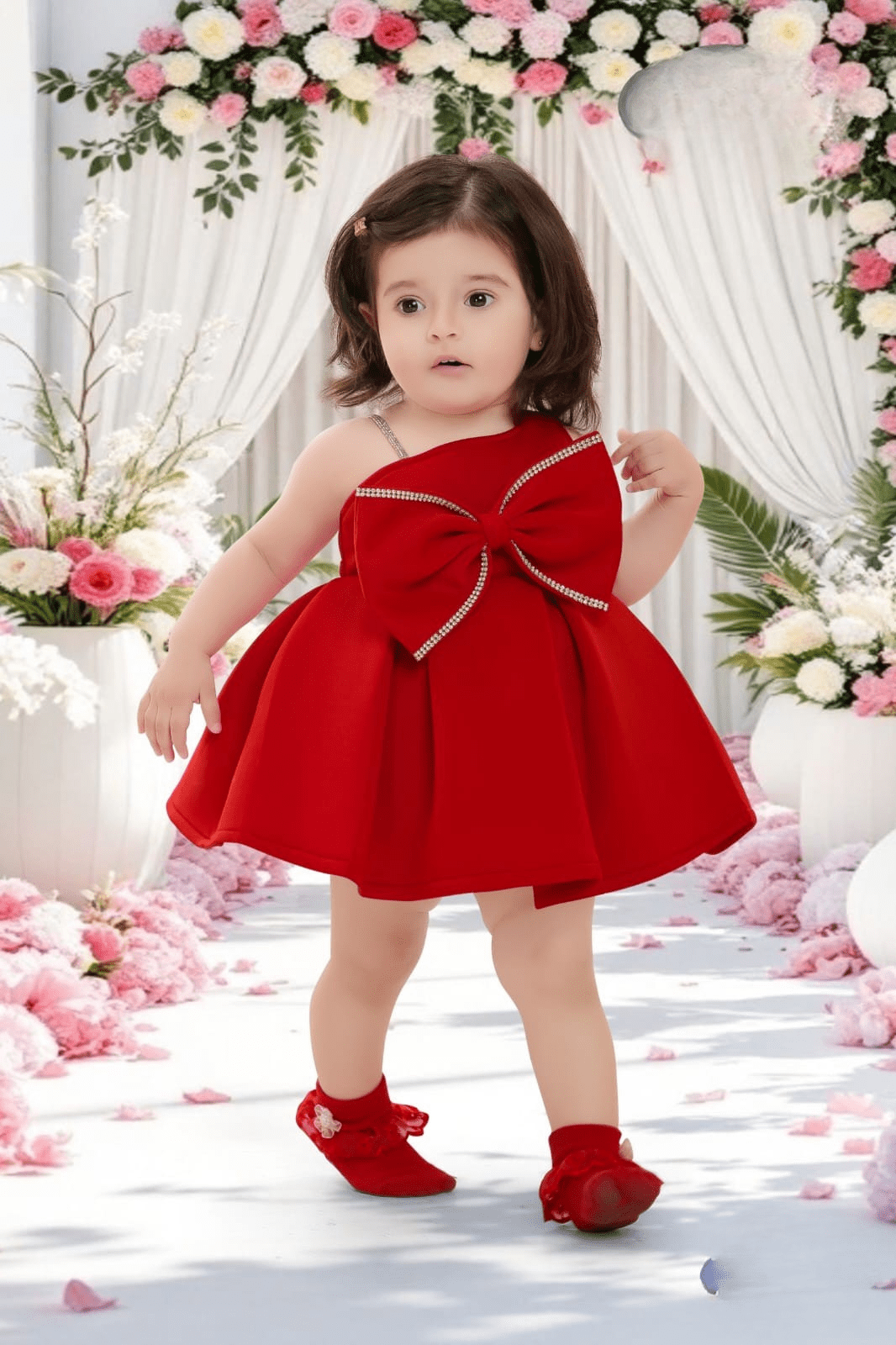 Girls Elegant Red Satin Dress | Cute Kids Festive Frock