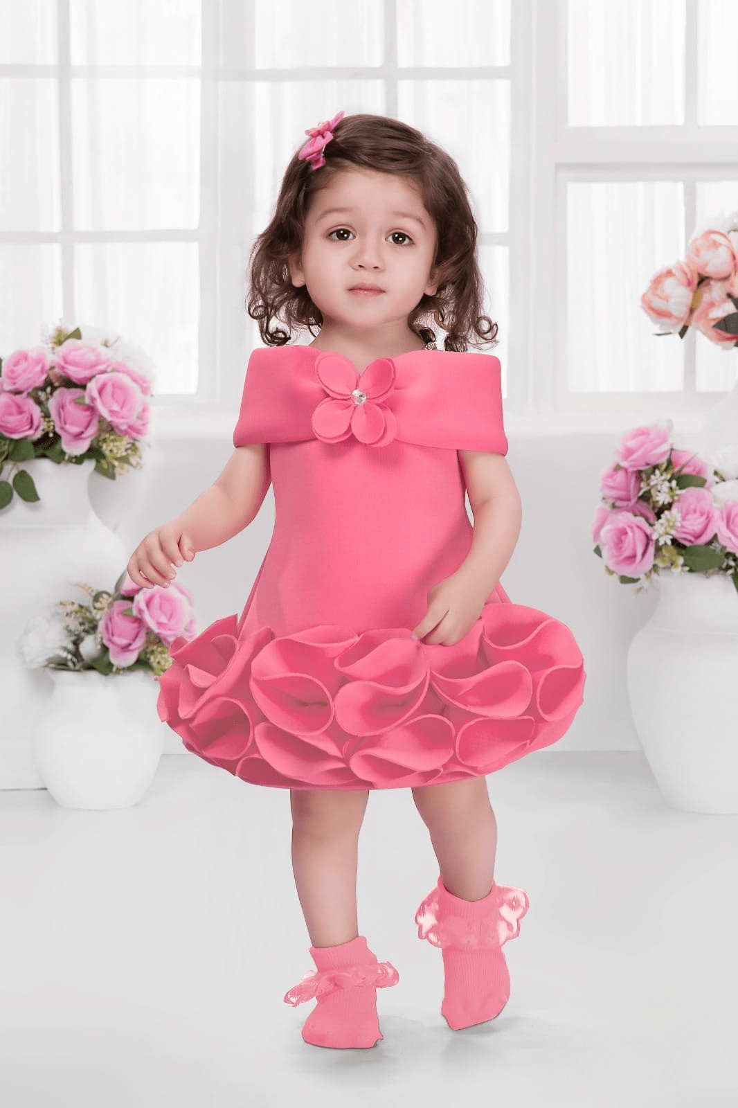 Girls Premium Pink Layered Party Dress with Floral Ruffle Skirt
