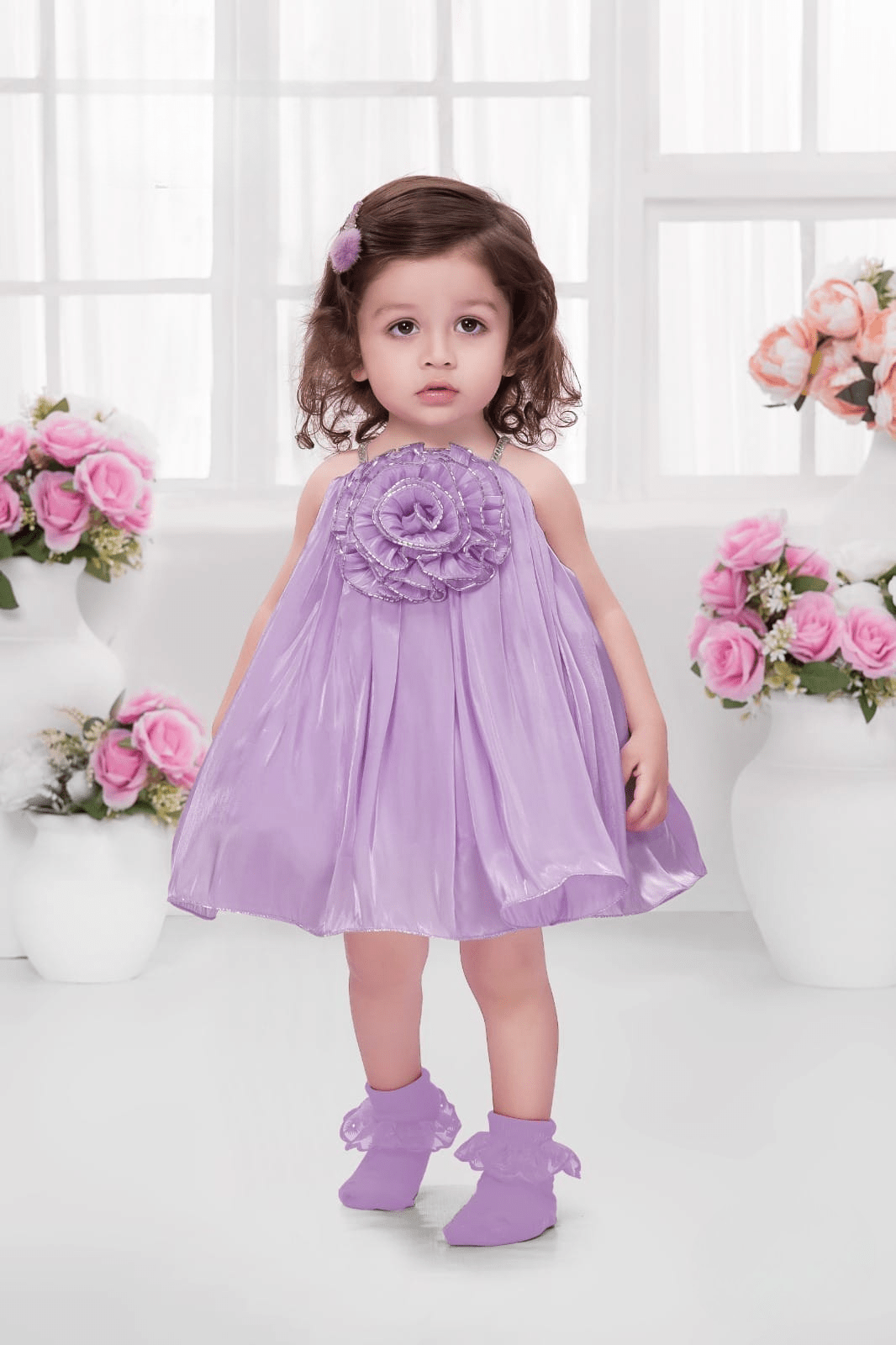 Girls Premium Lavender Princess Party Dress with Waist Flower Bouquet