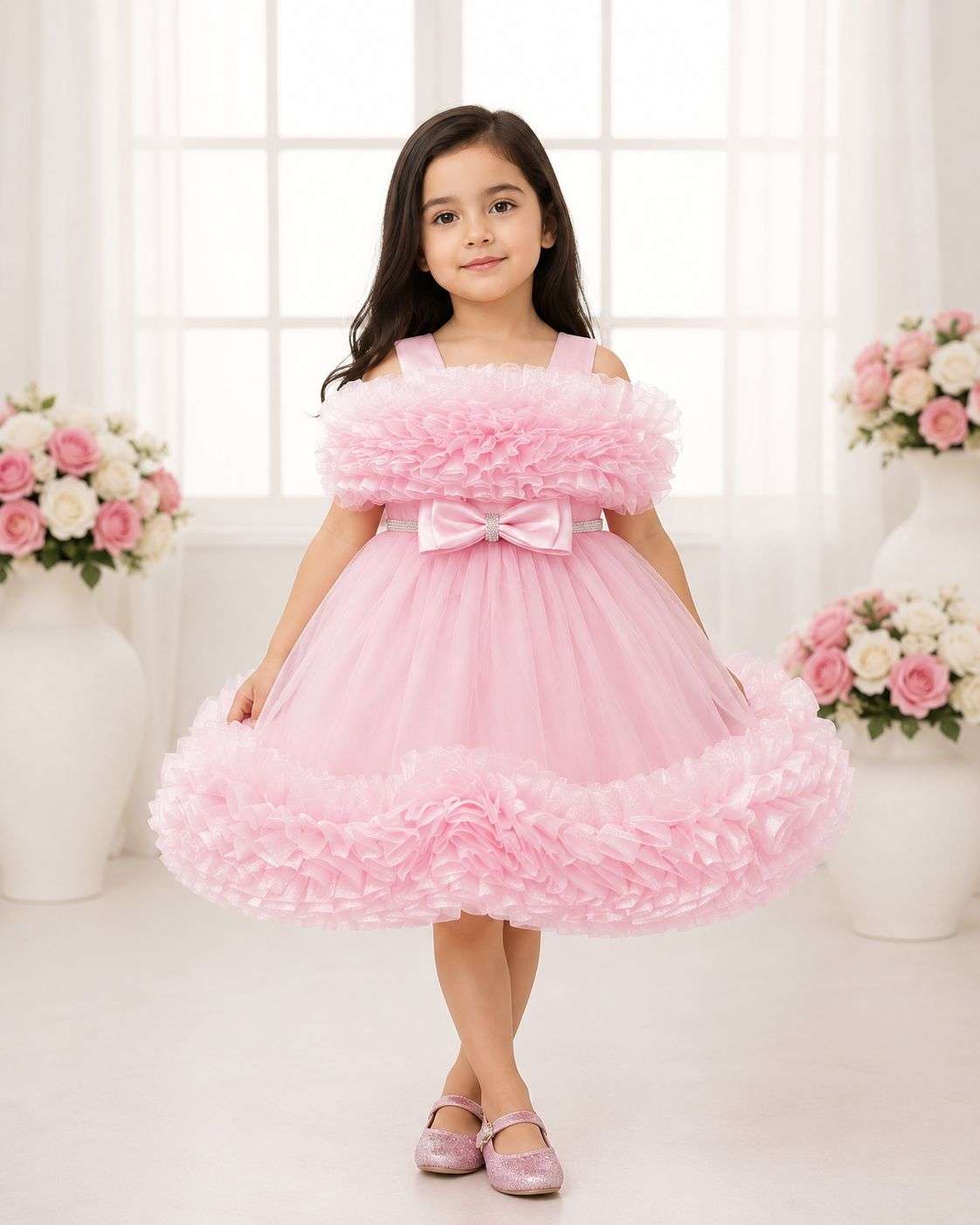 Elegant Pink Ruffled Party Frock for Girls | Princess Birthday Gown